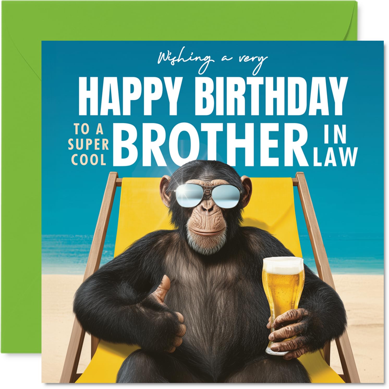 Brother in Law Birthday Card - Relaxing Chimp on Beach - Happy Birthday Card for Brother in Law from Sister Sibling, 145mm playful animal illustration Bday Greeting Cards