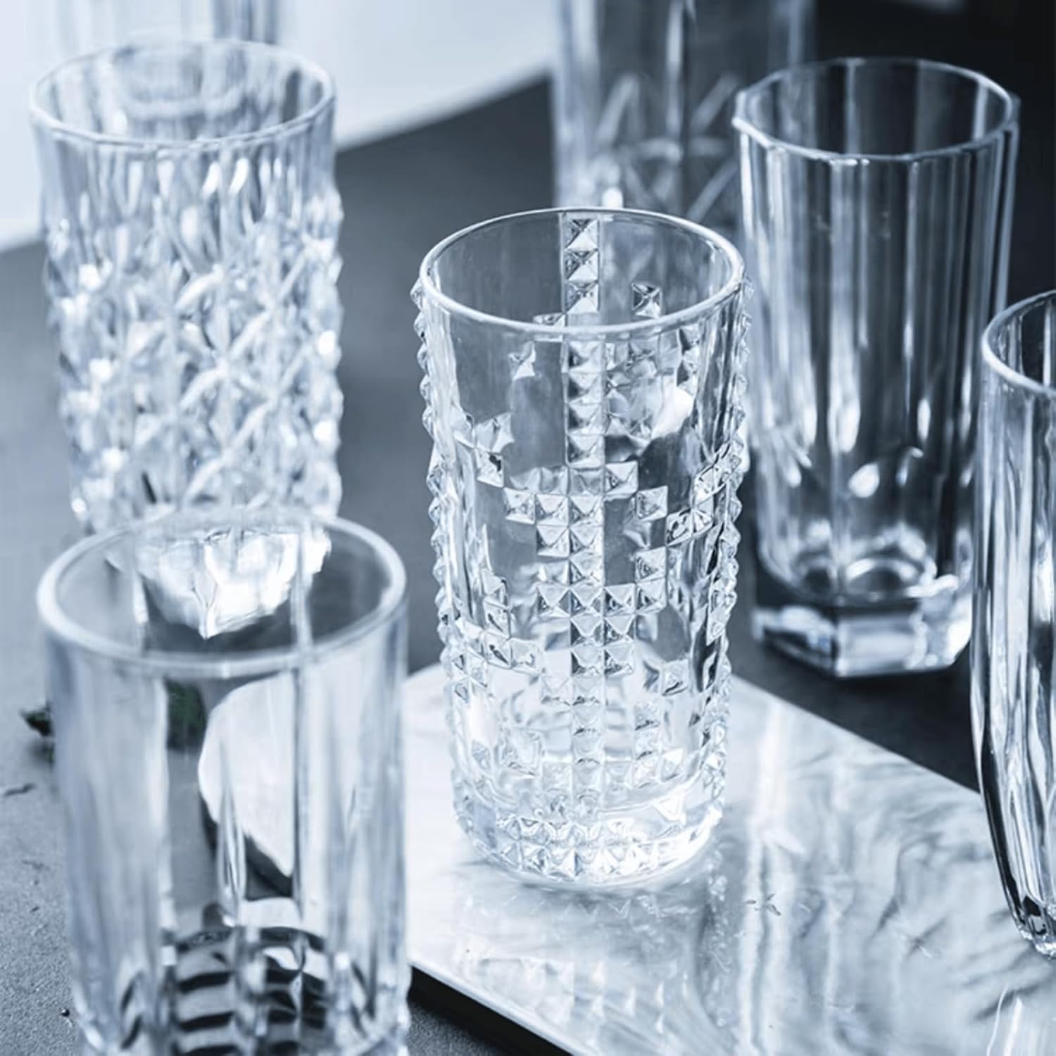2 Highball Glasses, Clear Crystal Iced Tea Glasses, Tumblers, Drinkware Cold Beverages, Beer, Cocktails, Juice for Home, Bar, Party, Wedding, Office (geometric shape, 2pcs)