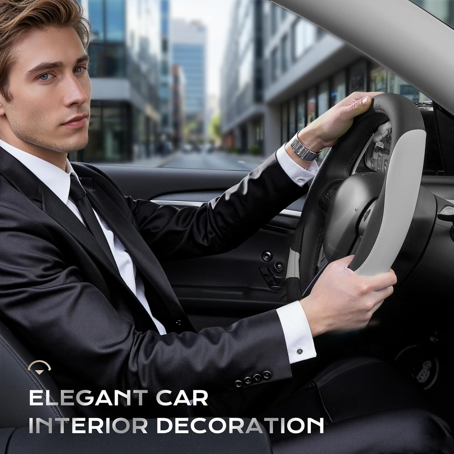 Coverado Car Steering Wheel Cover, Nappa Leather Black & Gray Steering Wheel Covers, Universal 14-15 inch, Anti-Slip, Breathable Steering Wheel Protector for Women Men - Image 7