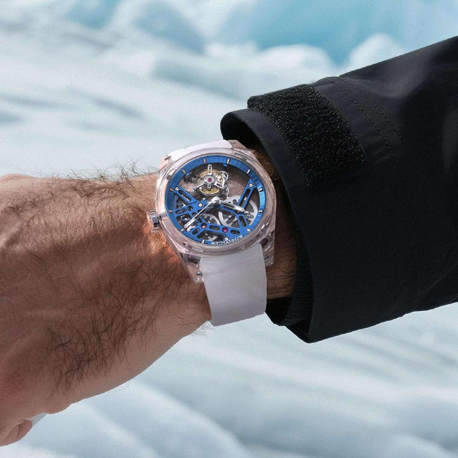 AGELOCER Tourbillon Watches Men Original Full Transparent Crystal Case Limited Edition, Luxury Sport Skeleton Waterproof Manual Mechanical Watch, Luminous Reading, Gift