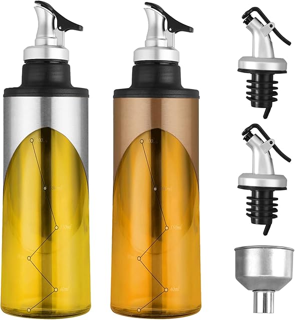 Oil Dispenser Bottles,HOMGEN Popular 2Pcs 380ml Stainless Steel &Glass Oil Dispenser Olive Oil Pourer Stopper Pot Oil Container for Vegetable Olive Oil Perfect for Your Kitchen