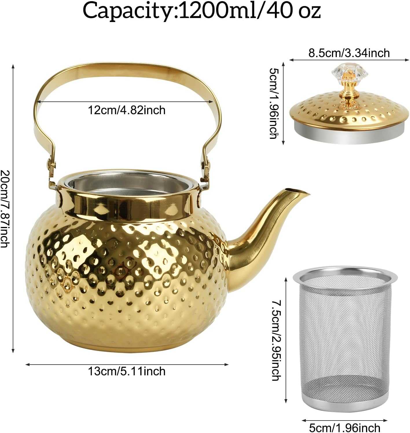 Gold Tea Kettle Stovetop, Stainless Steel Tea Pot with Infuser Hammered Small Loose Leaf Teapot 1.2L (40Oz) Antique Tea Pot for Tea Milk Coffee Stovetop Teapot for Home Outdoor