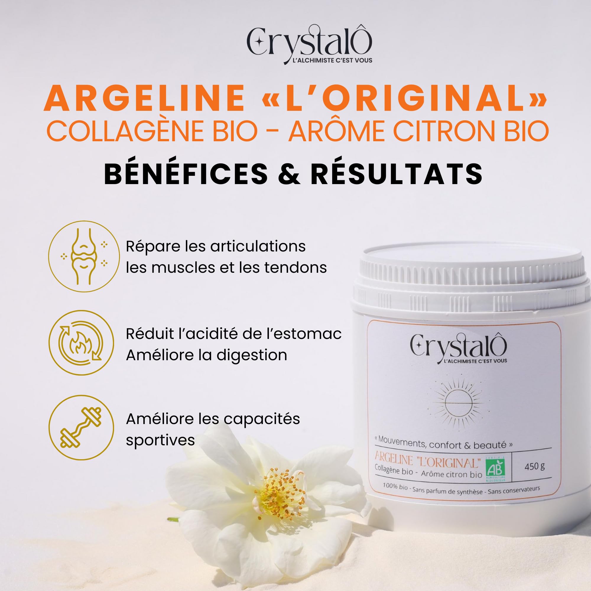 Collagene poudre bio arôme citron 450gr - Concentré (14 600mg/jour) - Fermeté, élasticité de la peau - Articulations - Renforce cheveux ongles - Sans conservateur - Pur extrait porc bio - Français