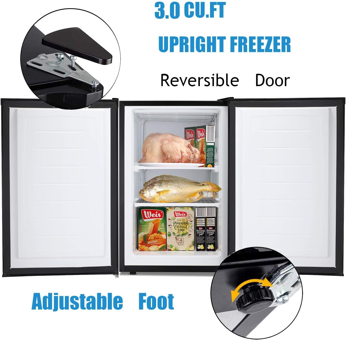 Antarctic Star Upright Freezer 3.0 Cu.ft, Compact Mini Freezer with Reversible Single Door, Temperature Control, Removable Shelves, Small freezer Stainless Steel for Dorms Home Office, Black