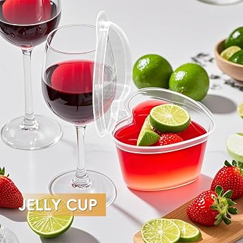 100 Sets 1.5 oz Heart Shaped Jello Shot Cups with Lids, Disposable Plastic Cups,Small Condiment Containers,Plastic Souffle Cup, Mini Sample Tasting Cups, Dipping Sauce Cup To Go Bowls, Clear