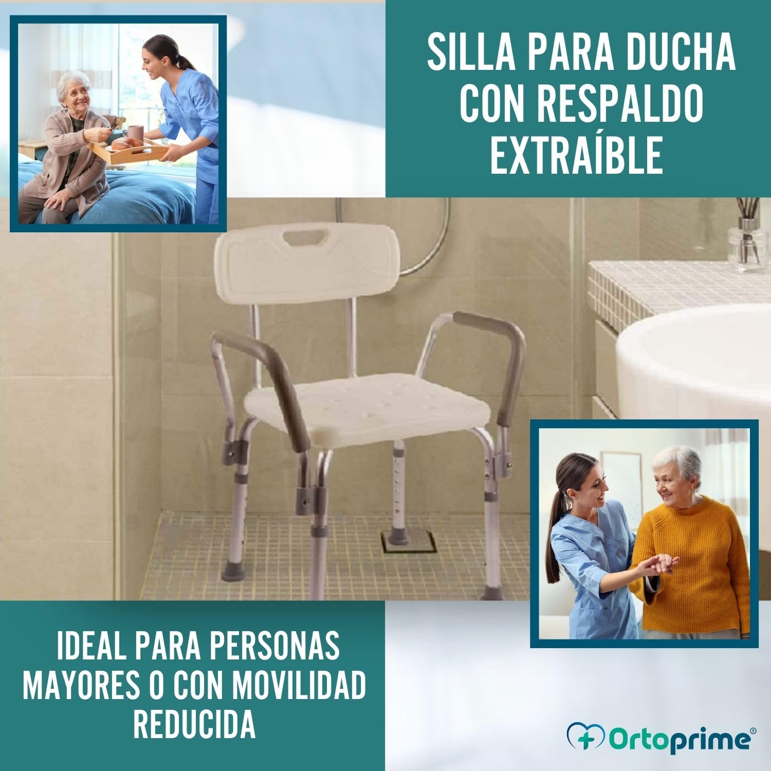 OrtoPrime Silla Ducha con Respaldo Extraíble - Taburete Baño Ortopédico Adultos y Niños - Reposabrazos Acolchados - Regulable 6 Alturas - Asiento de Aseo Cómodo y Seguro