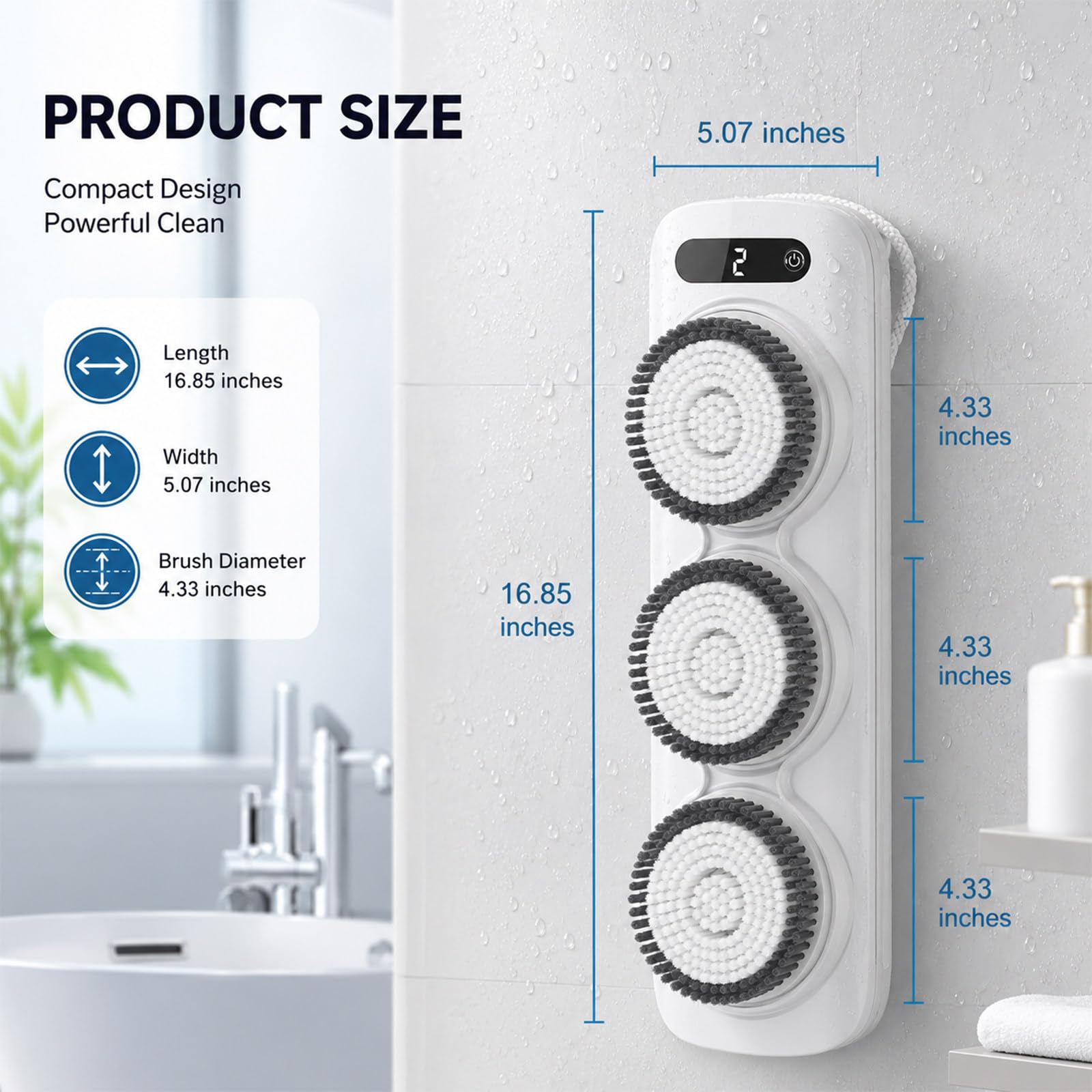 Cepillo Eléctrico para la Espalda para Ducha, Cepillo Eléctrico de Ducha de Pared, Cepillo Corporal para Cepillado en Seco, Limpieza, Exfoliación y Masaje, con 3 Cabezales Giratorios