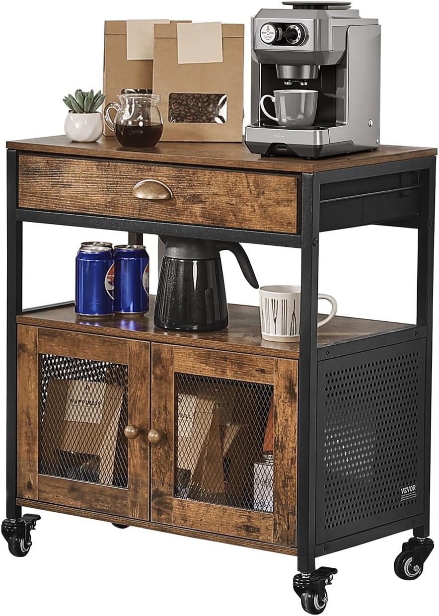 VEVOR Coffee Bar Cabinet, 24 Inch Farmhouse Bar Cabinet with Storage, Movable Coffee Table with Wheels & Mesh Door, Sideboard Buffet for Kitchen, Entryway