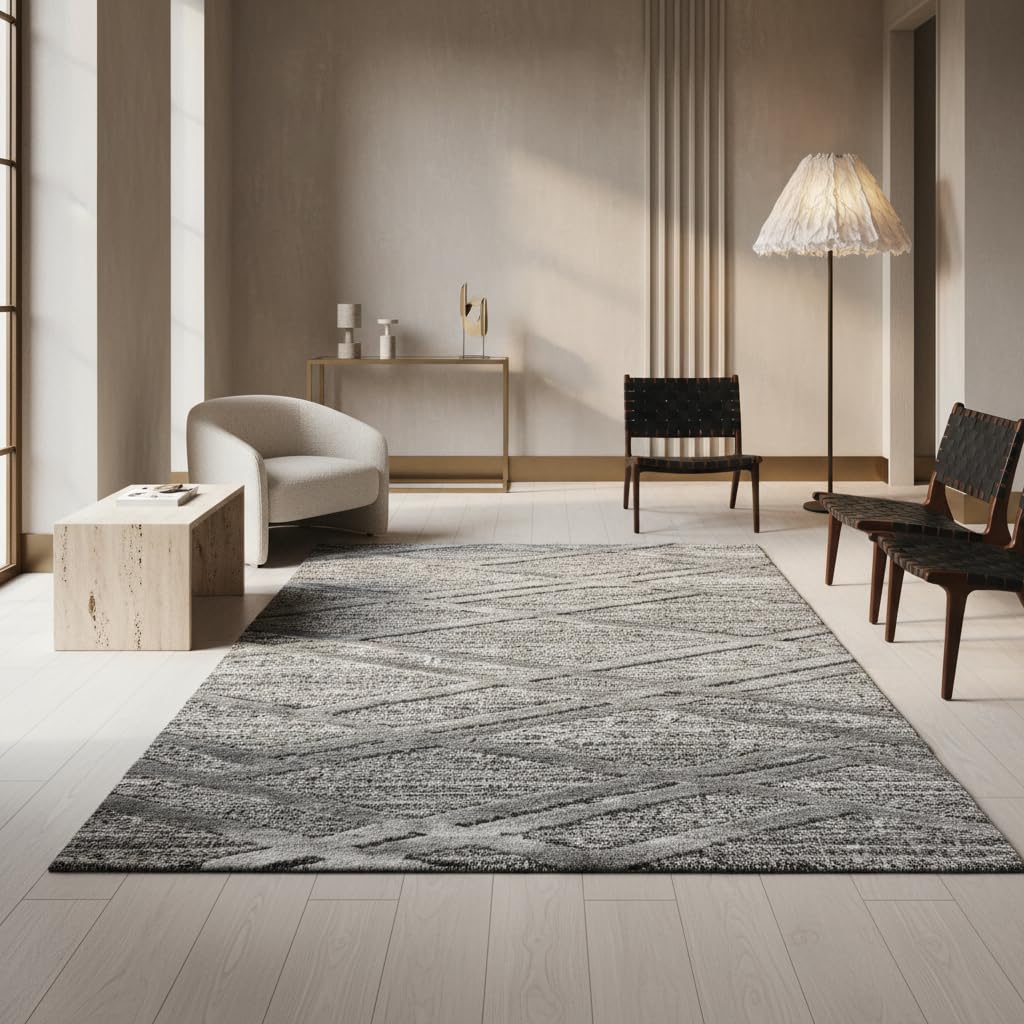 Tapis à poils longs doux GENF grand tapis de qualité gris et géométrique 280x370