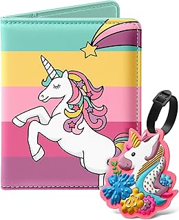 Kids Passport Holder Lugguage Tag Set Suitcase Cover Wallet Case for Travel Girls Women - Cute Leather Passport Book Personalized Organizer Card Protector Sleeve Essentials Slim Carrier Rainbow