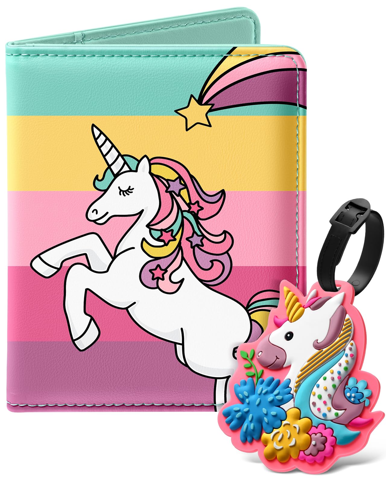 Slohif Kids Passport Holder Lugguage Tag Set Suitcase Cover Wallet Case for Travel Girls Women - Cute Leather Passport Book Personalized Organizer