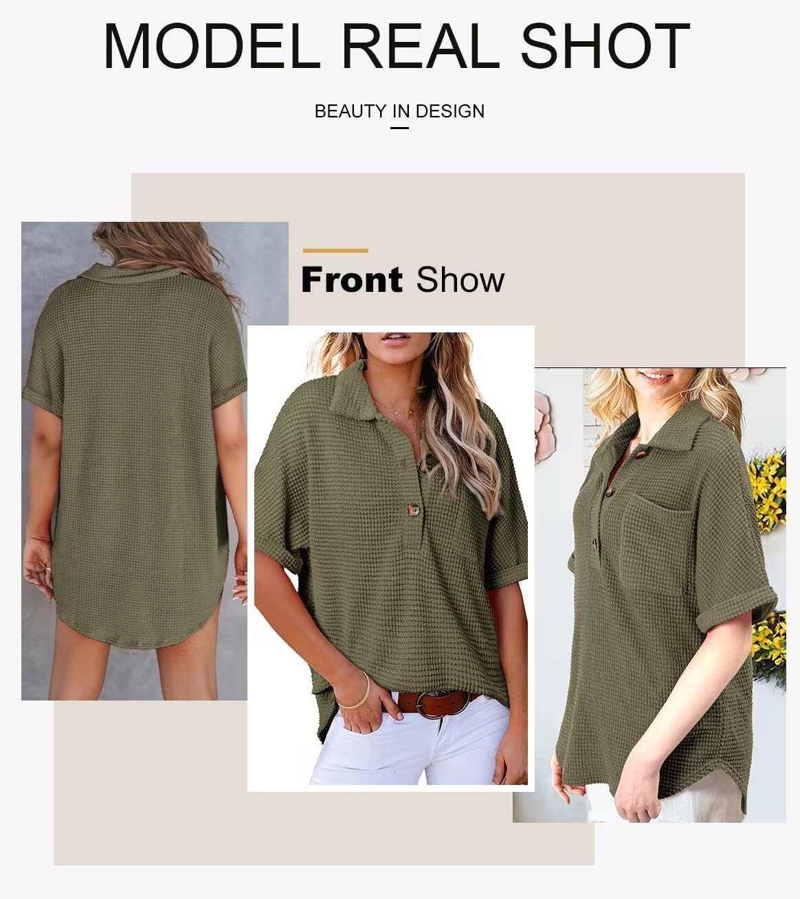 Astylish Women Waffle Knit Tops Henley Shirts Short Sleeve V Neck Solid Color Casual Tunic - Image 4