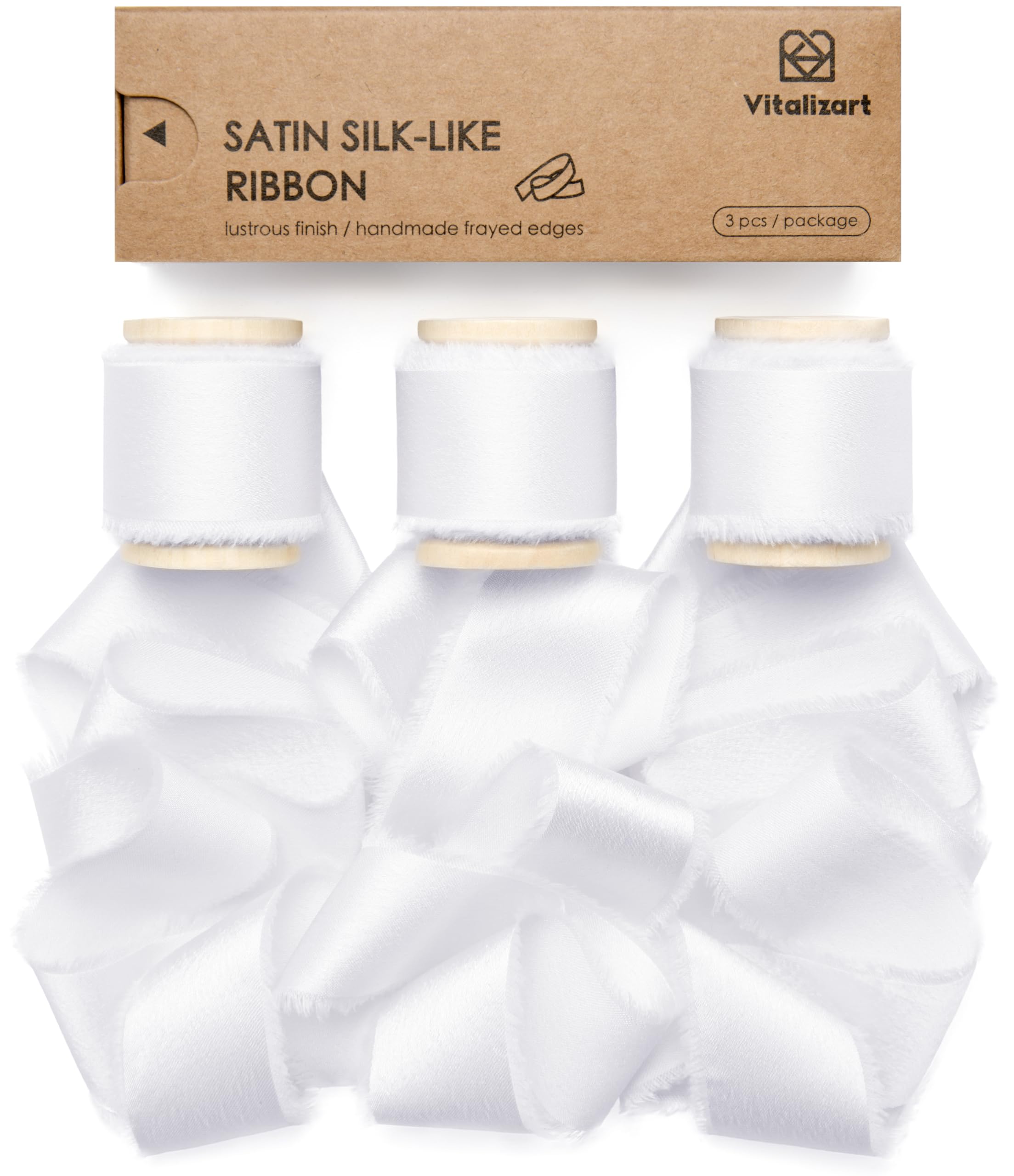Vitalizart White Silk Satin Ribbon 1" x 15 Yds Wooden Spool Handmade Frayed