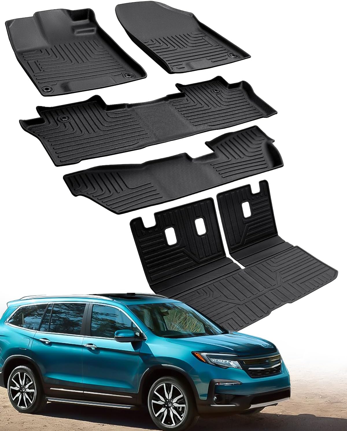Liner Master® Floor Mats & Trunk Mat for Honda Pilot 8 Passenger 2016 2017 2018 2019 2020 2021 2022 (Not for Elite Models) All-Weather TPE Rubber Floor Carpets Automotive Accessories Full Set Black