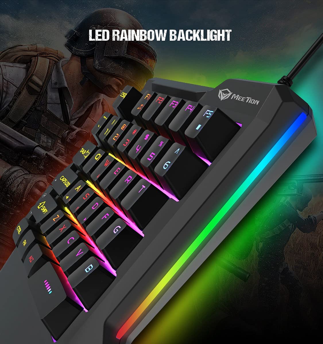 Close-up of the LED rainbow backlight on the MEETION MT-KB015 keyboard keys