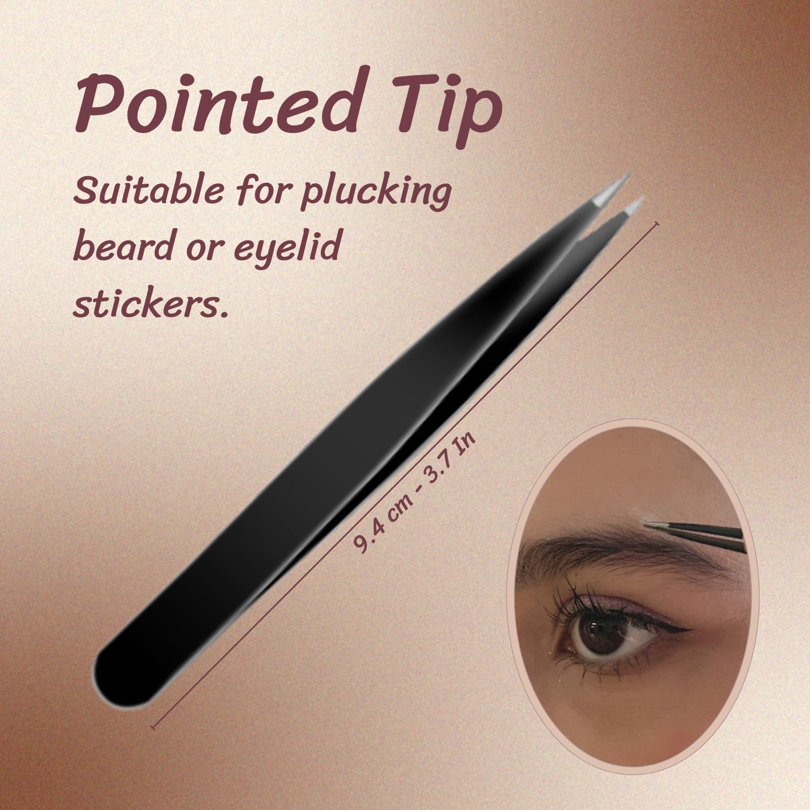 Pinzas de cejas para mujer: pinzas puntiagudas, pinzas inclinadas y pinzas astilladas. Pinzas de precisión para cabello facial de mujer. Juego de 4 pinzas para cejas. (pinzas negras)