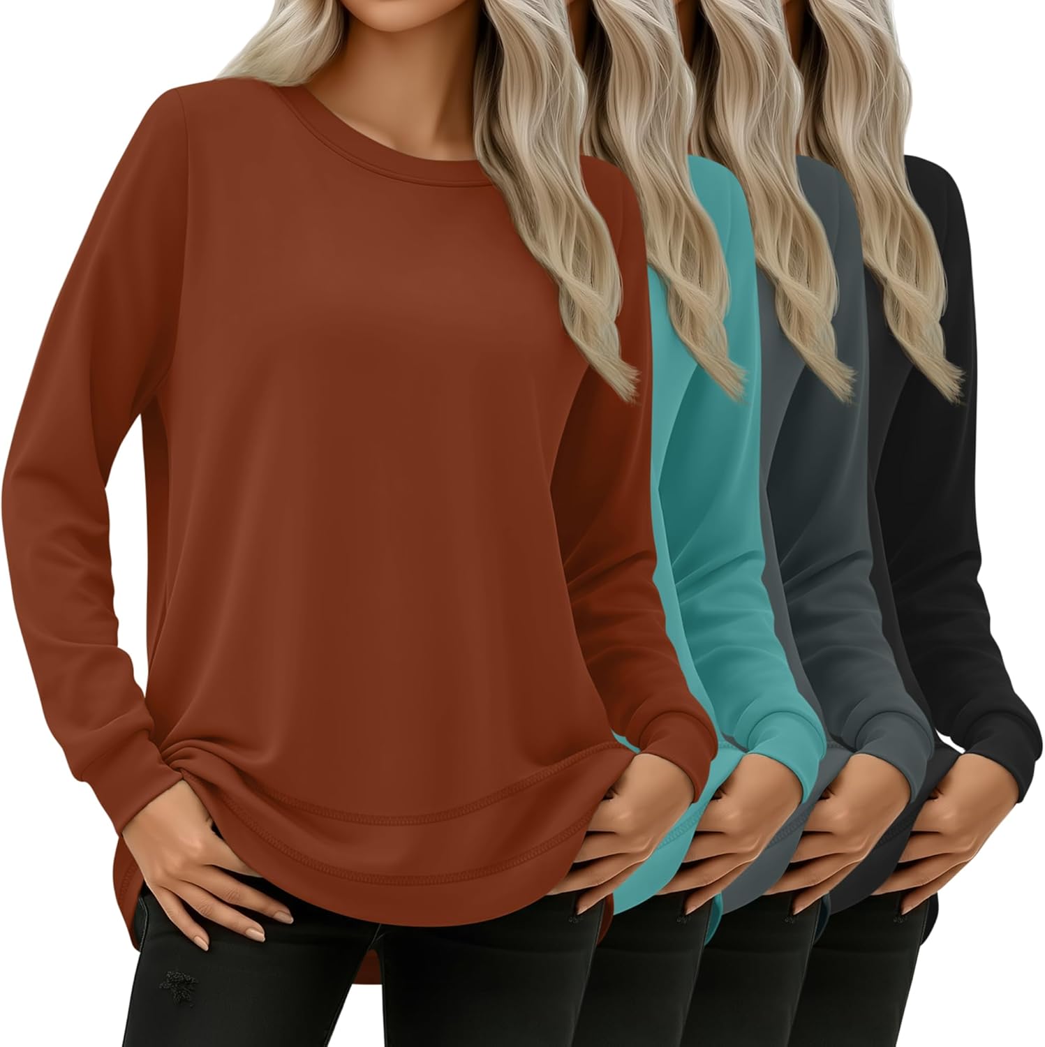 Oakgarden 4 Pack Women's Long Sleeve Sweatshirts, Crew Neck Cotton Tees Curved Hem Tunic Pullover Shirts Knit Loose Tops