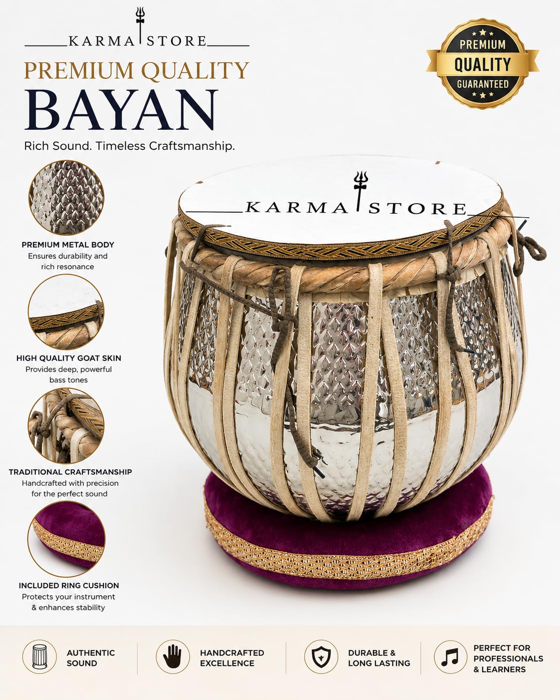 Karma Store - Bombo Bayan Tabla de acero inoxidable, martillado a mano, 3,5 kg, calidad de concierto, hecho a mano