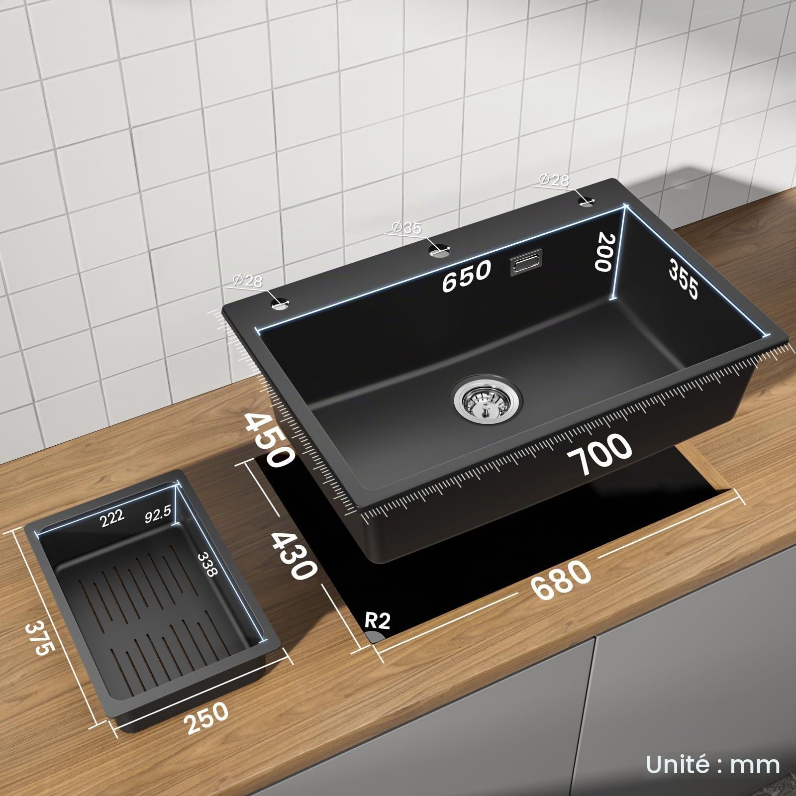 CECIPA Évier Granit Noir 70x45Cm Grand Bac, Robinet Avec Douche Extractible, Encastrable Pour Meuble 80Cm, Ensemble Vidange Inclus