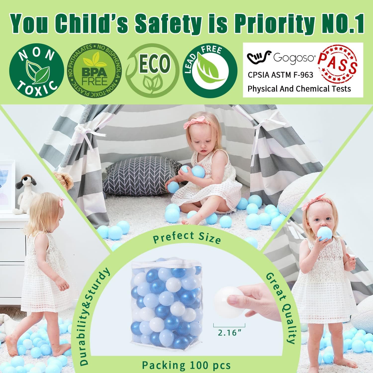 GOGOSO 100 pcs 2.16 inch pear White Ball Pit Balls with 100 pcs 2.16 inch pear Blue Blue White