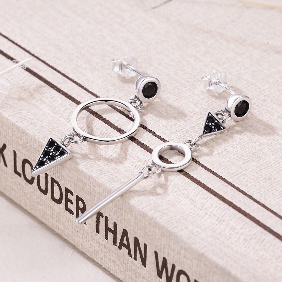 Asymmetrical Triangle Earring 925 Sterling Silver Black Geometric Circle Drop Earring with Cubic Zirconia Mismatched Hypoallergenic Dangle Earring Dainty Stud Earrings for Women Girls Jewelry
