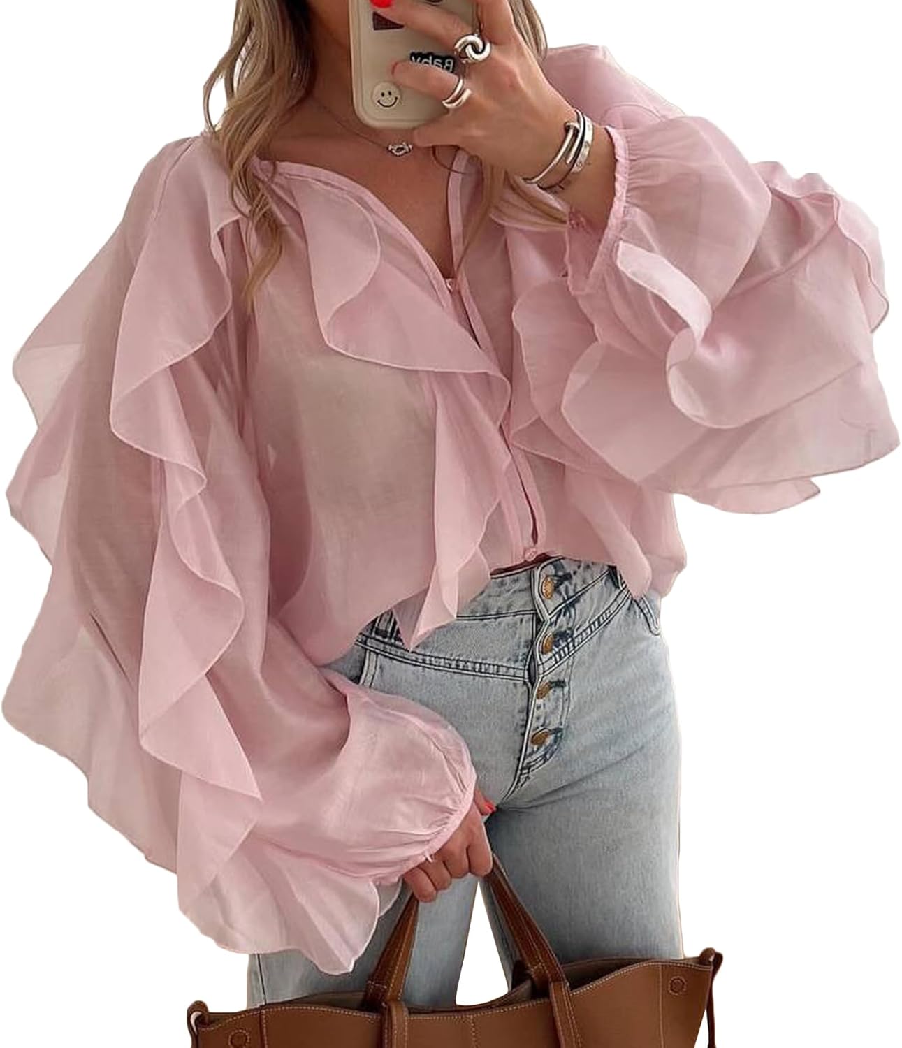 LETSVDO Women's Ruffle Chiffon Tops Puff Sleeve Sheer See Through Button Down V Neck Bubble Loose Casual Blouses Shirts