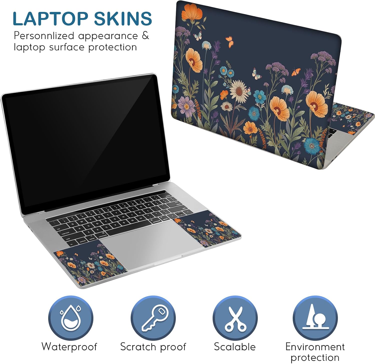 DINKY 13 13.3 14 15.4 15.6 Inches Laptop Skin Sticker Decal Netbook Skin Sticker,15.6" Flora Universal Reusable Notebook Art Decal Protector Cover, Flowers Plants Butterflies