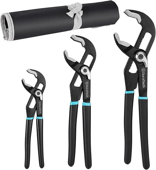 DURATECH Groove Slip Joint Set, Water Pump Pliers Set, V-Jaw Tongue and Quick Release Plumbing Pliers, 8-inch, 10-inch, 12-inch, CR-V Steel, Organized in Pouch
