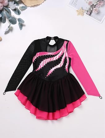 Girl Figure Skating Dress Metallic Sheer Mock Neck Ice Skating Teen Rhythmic Gymnastics Leotard with Chiffon Skirt