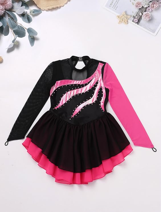 Girl Figure Skating Dress Metallic Sheer Mock Neck Ice Skating Teen Rhythmic Gymnastics Leotard with Chiffon Skirt