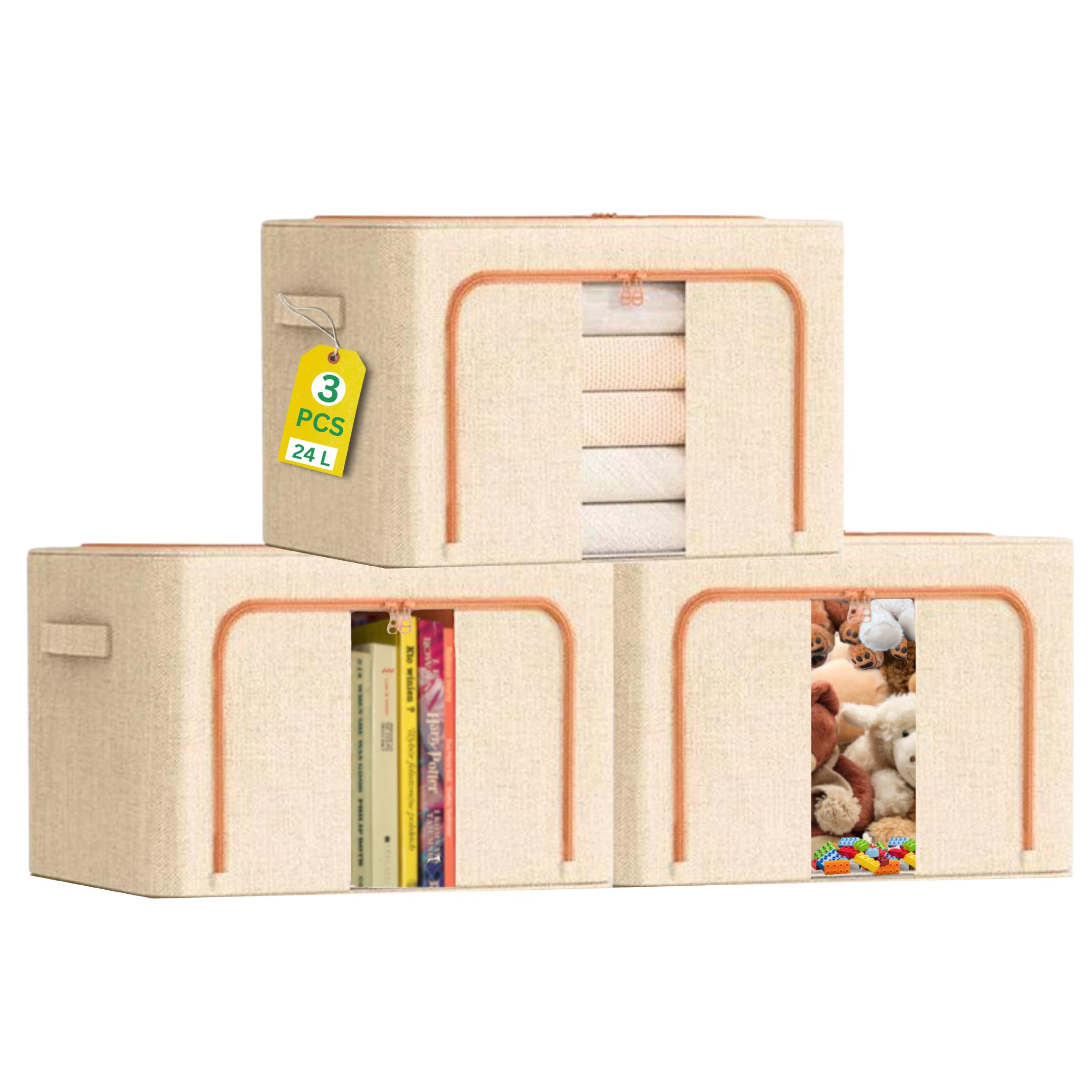 Clothes Stroage box Stackable Sorage Bins with lids Hold Shape Foldable moving Closet organizers and storage Containers bags for Seasonal Clothing toy book Home and car tools(24L, 3Pack,beige)