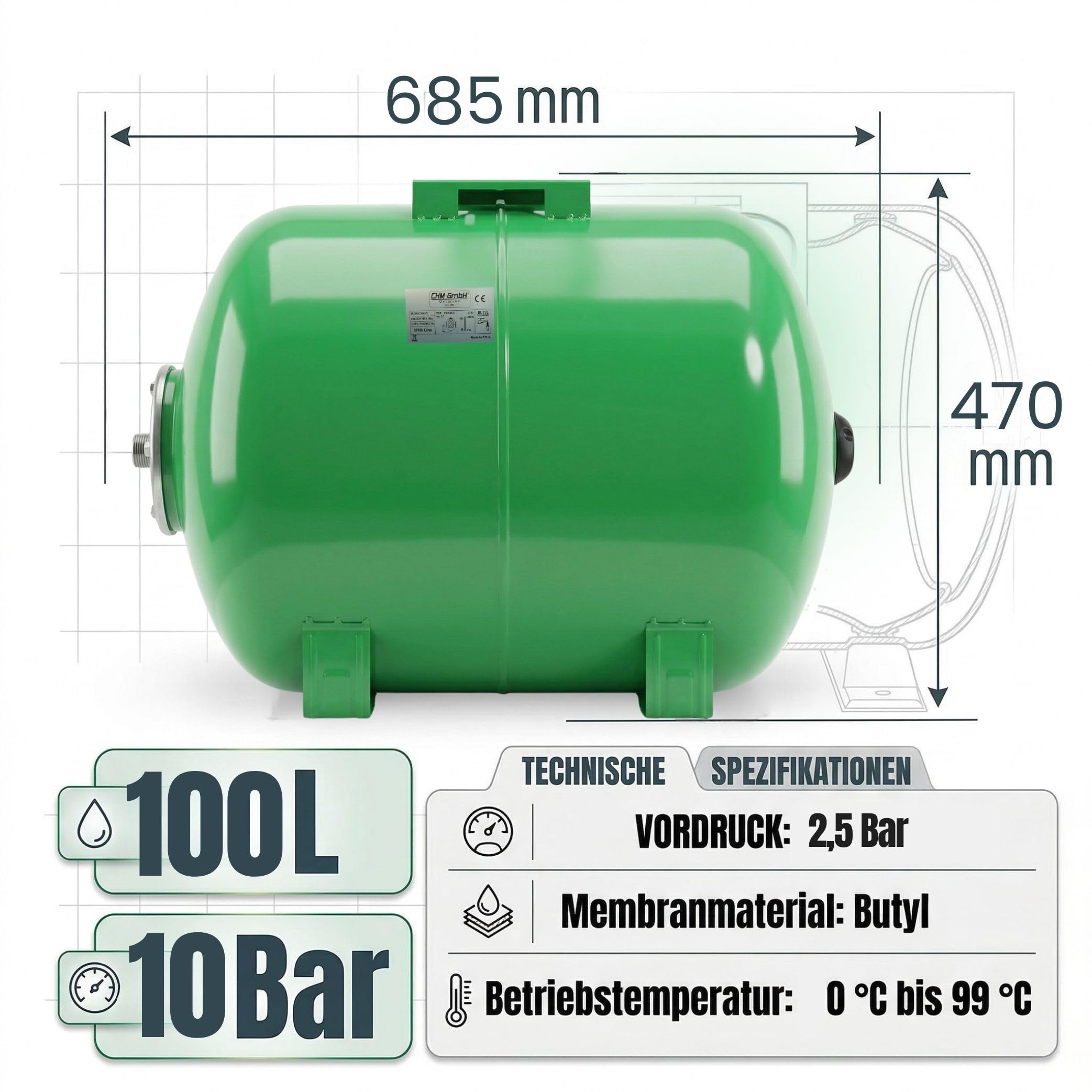 Membrankessel 100 L Druckkessel Stahltank Hauswasserwerk Druckbehälter max. 10 Bar Druck