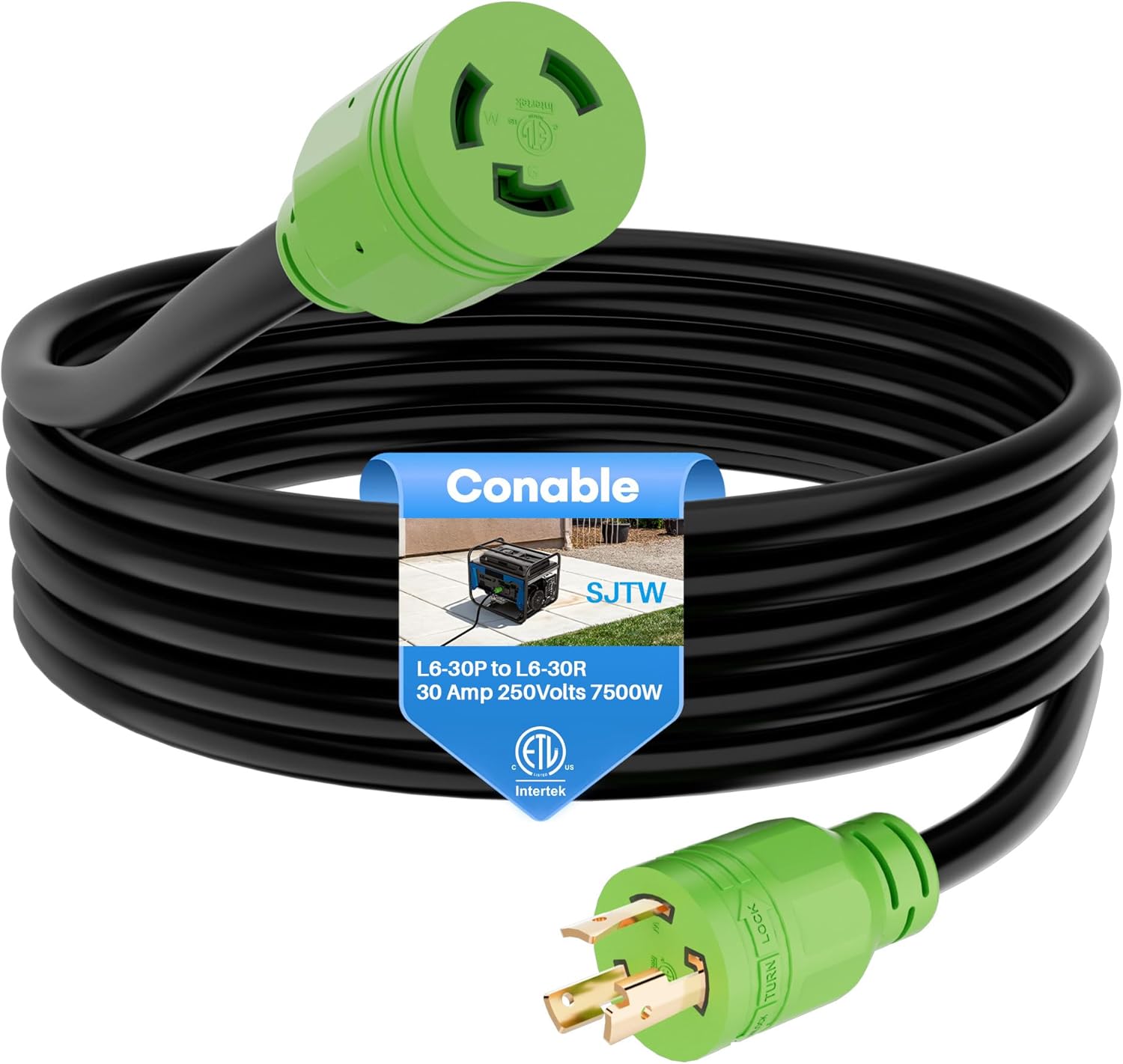 30 Amp Generator Cord 15FT, L6-30 Extension Cable, L6-30P to L6-30R, Heavy Duty 10/3 Gauge Power Cord, SJTW, 250V, 7500W, 10AWG, 3 Prong Locking Plug for Welding, Brewing and Industrial, ETL Listed