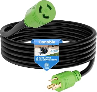 30 Amp Generator Cord 15FT, L6-30 Extension Cable, L6-30P to L6-30R, Heavy Duty 10/3 Gauge Power Cord, SJTW, 250V, 7500W, 10AWG, 3 Prong Locking Plug for Welding, Brewing and Industrial, ETL Listed