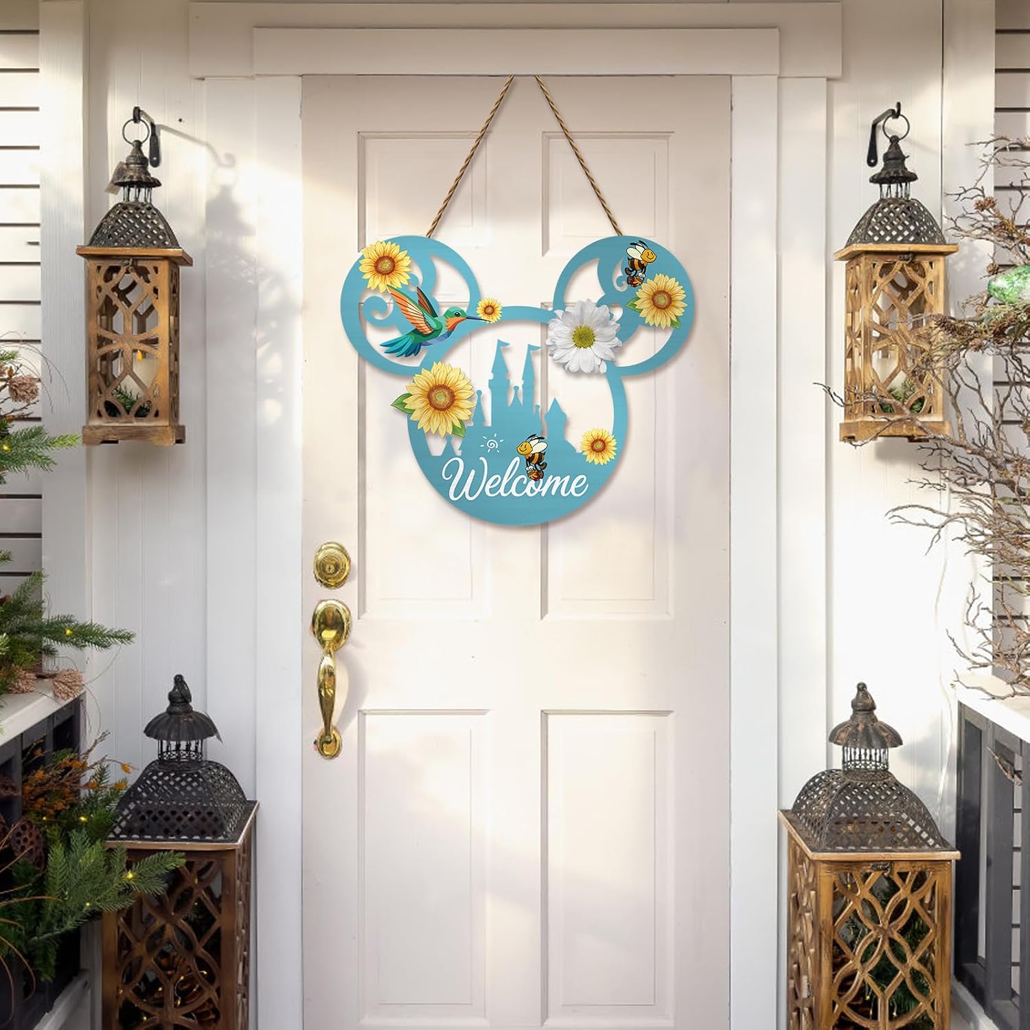 Summer Welcome Door Sign Mouse Shaped Decorations – Sunflower, Bee & Hummingbird Wooden Door Hanger,Rustic Wall Decor for Front Porch, Garden, Indoor Outdoor Seasonal Decoration image 4