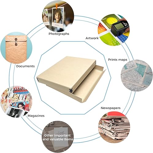 Miniatura 8 de Lineco, Caja de almacenamiento de museo Tan de 8 x 10 pulgadas con tapa extraíble y diseño frontal caído, libre de ácido con borde de metal. Protege