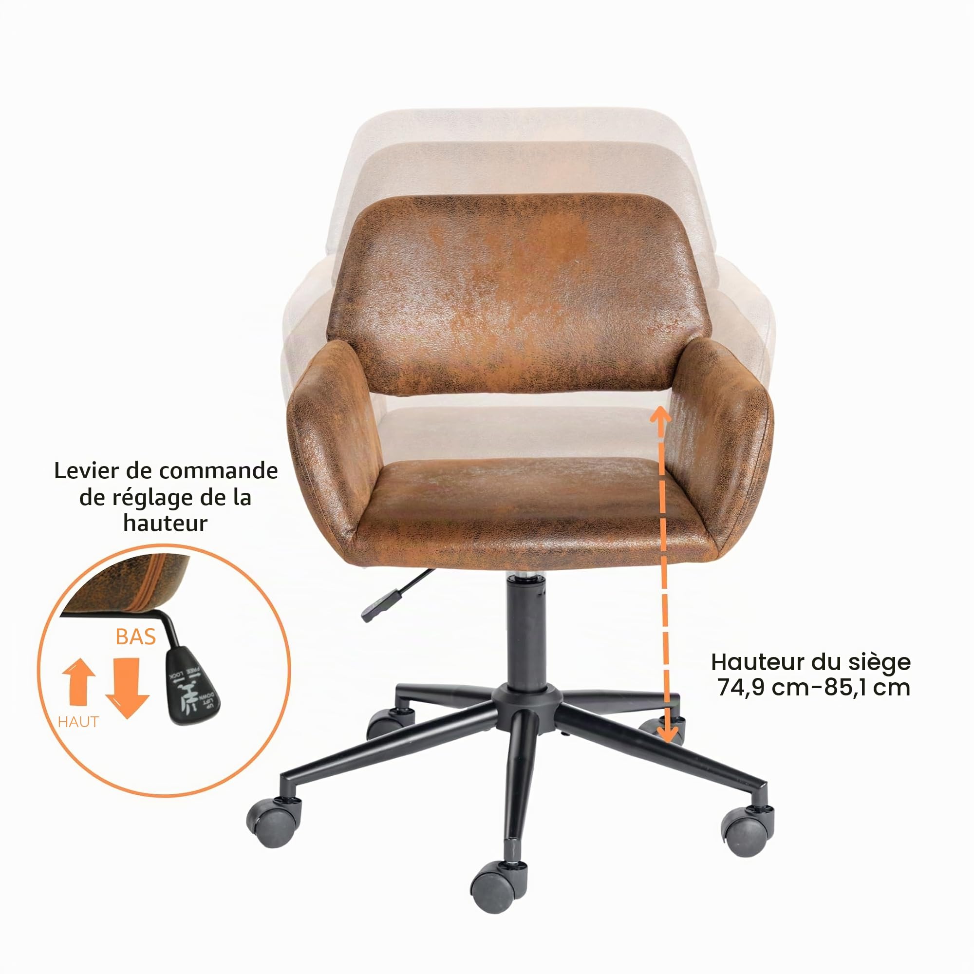 FurnitureR Chaise de Maquillage Pivotante, Siège de Chambre Réglable en Hauteur, Siège Creux Large et Respirant, Chaise D'habillage Rotative à 360°, Retro Marron Suede 56 x 55 x 75-85 cm
