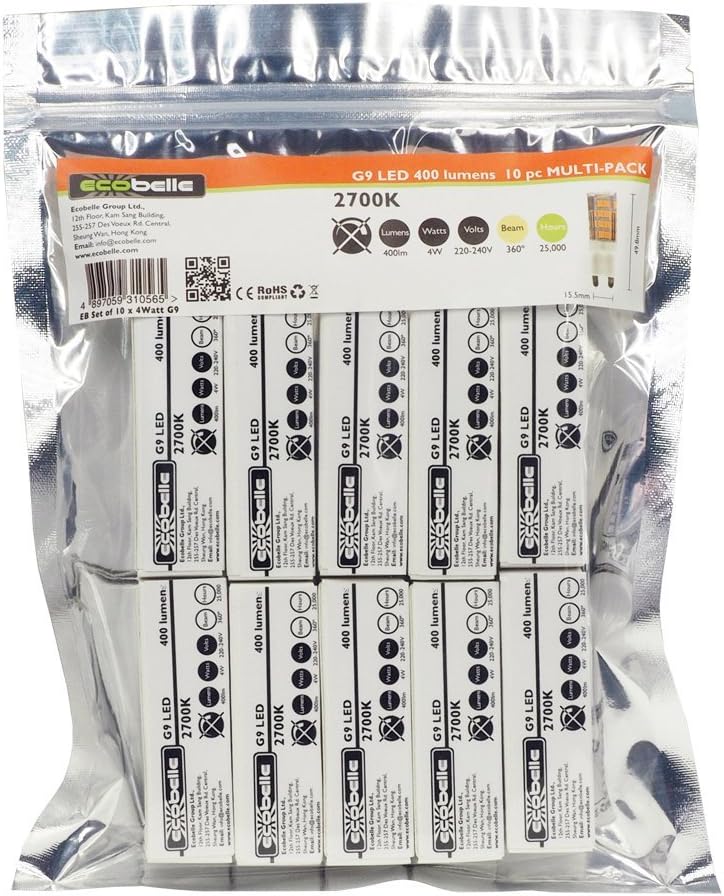 ECOBELLE® 10 x LED G9 Bulb 4W 400 Lumen (Equal to More Than 40W) Warm White 2700K, ⌀15.5 mm x 49.8mm, 360°, Value Pack [Energy Class A+]