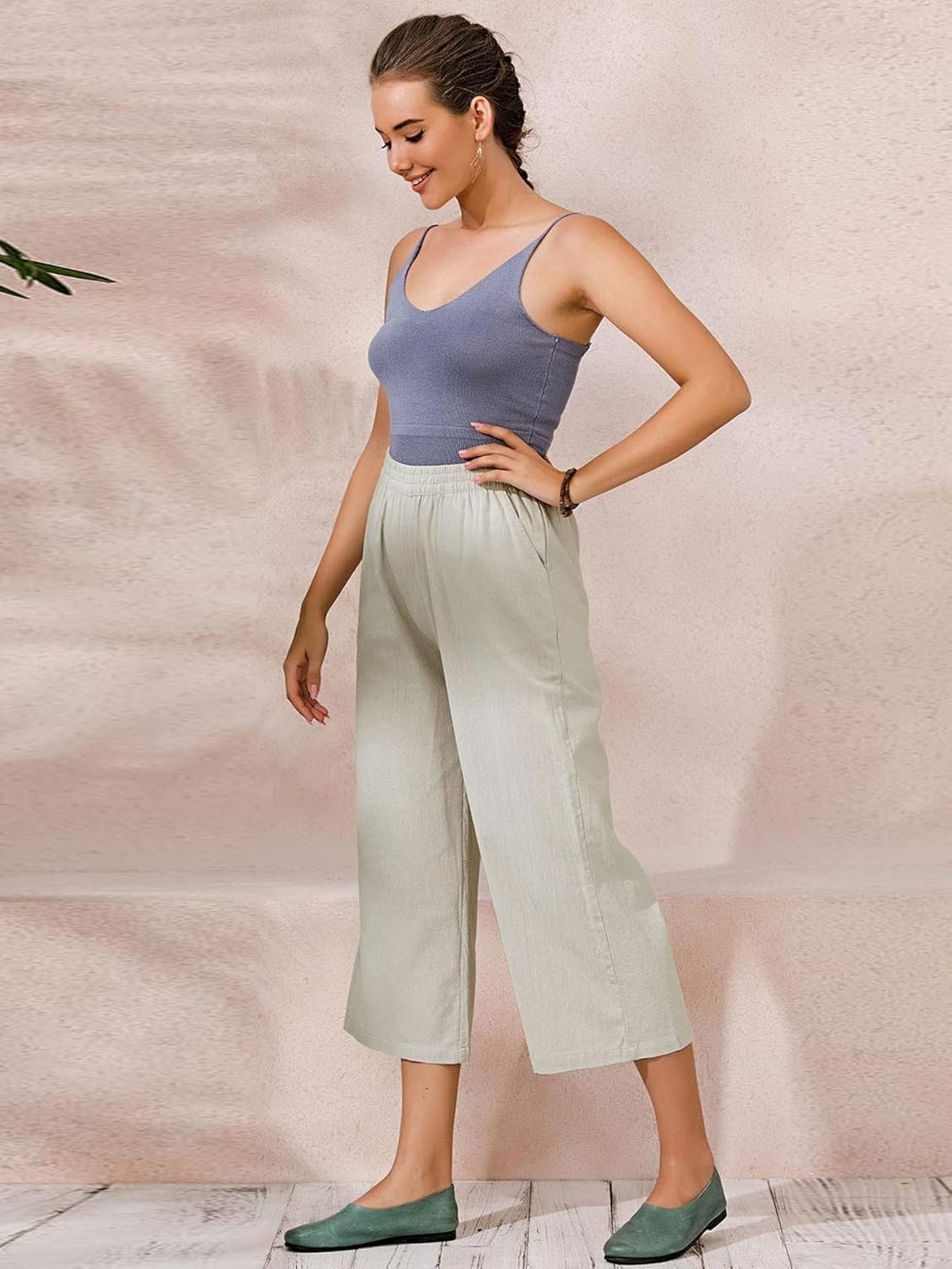 Womens Cotton Cropped Pants Loose Fit Wide Leg Capri Casual Plus Size Elastic Waist Trousers - Image 4