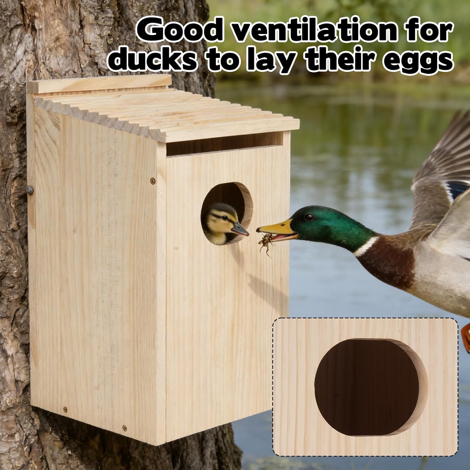 Cedar Wood Duck House for Outside, 17.3" x 10.2"x 10.2" Outdoor Wood Duck Shelter and Nesting Box for Pond, Wetland Ducks and Hooded Mergansers