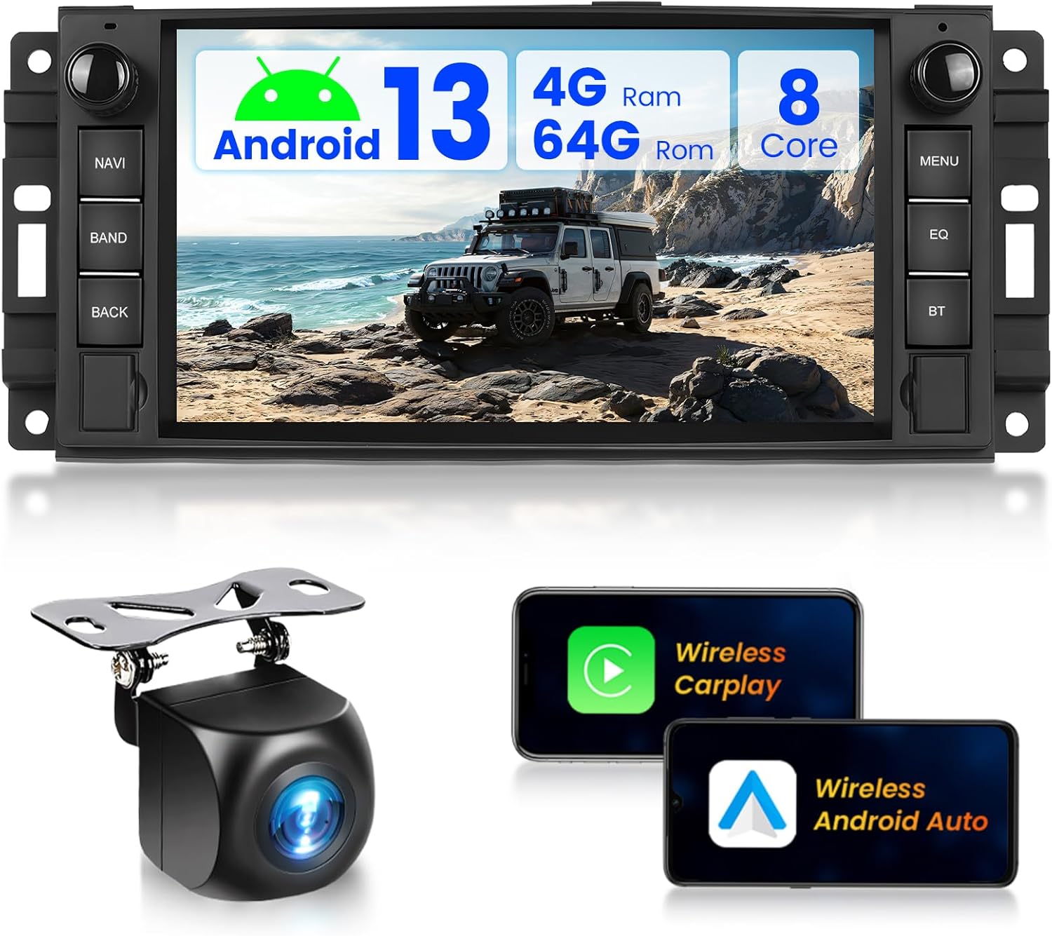8 الأساسية 4 G + 64 G لجيب رانجلر راديو 2007-2018 كرايسلر دودج رام 1500 سيارة ستيريو مع اللاسلكية Carplay الروبوت السيارات، 7 بوصة الروبوت 13 ستيريو شاشة تعمل باللمس مع GPS/واي فاي/DSP + كاميرا احتياطية