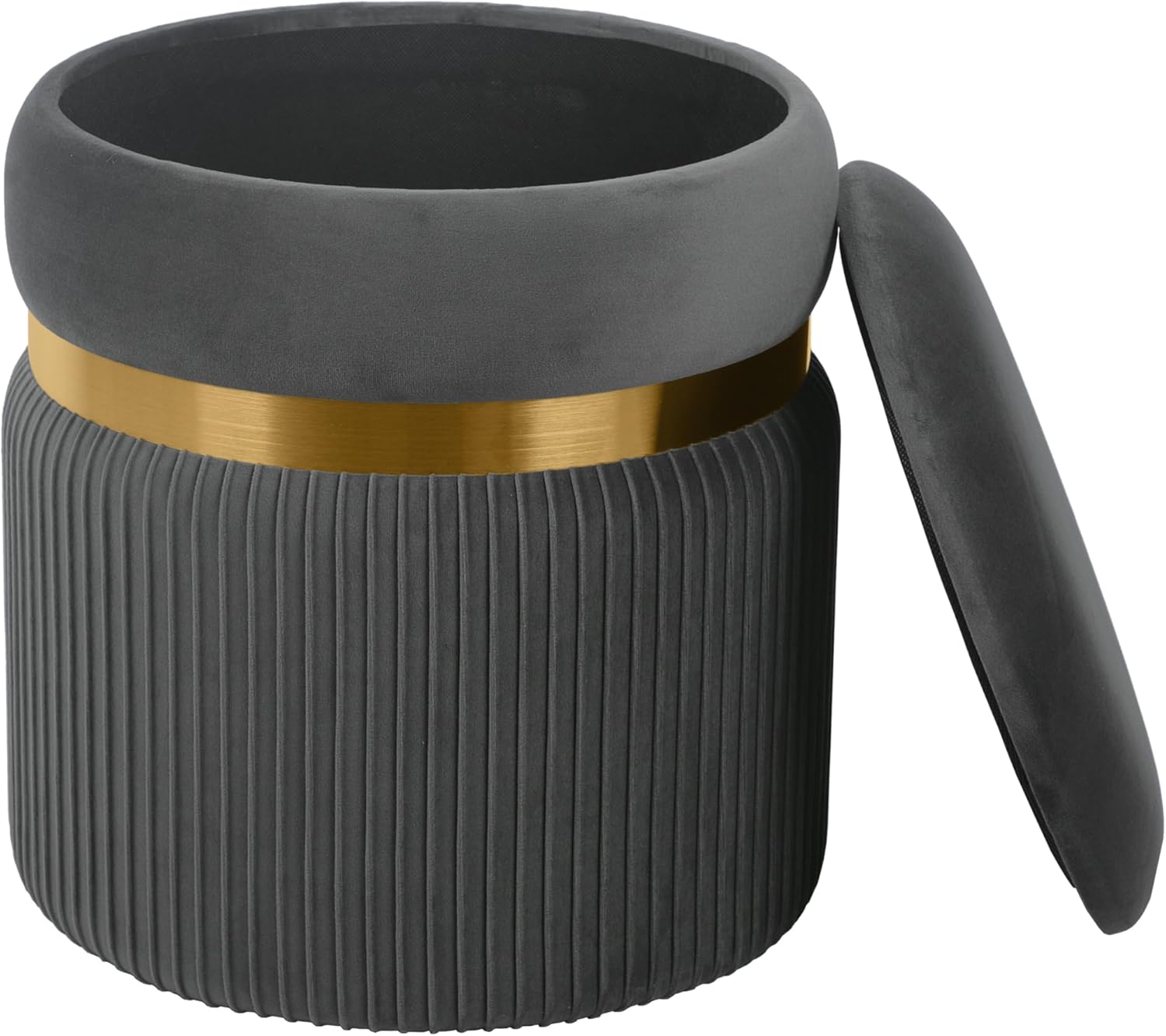 Techni Mobili Velvet Round Ottoman with Storage, Footrest or Modern Storage Ottoman with Gold Accent for Living Room Decor or Bedroom Decor, Grey