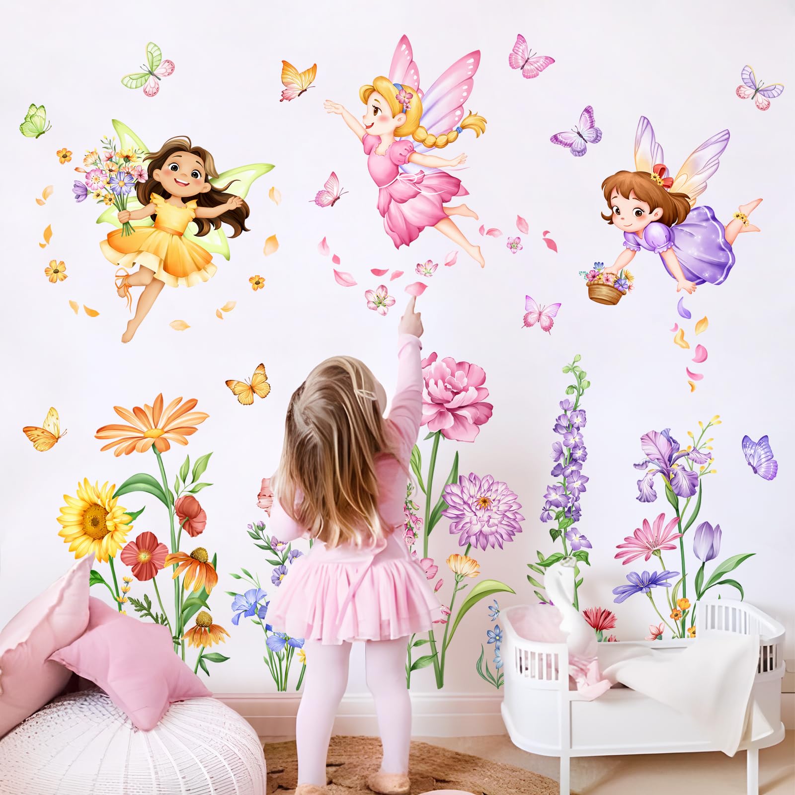 Tanlaby Flower Fairy Wall Decals Butterfly Girl with Wildflower Sunflower Wall Stickers Elves Wall Art Decor for Girls Baby Nursery Kids Bedroom Living Room