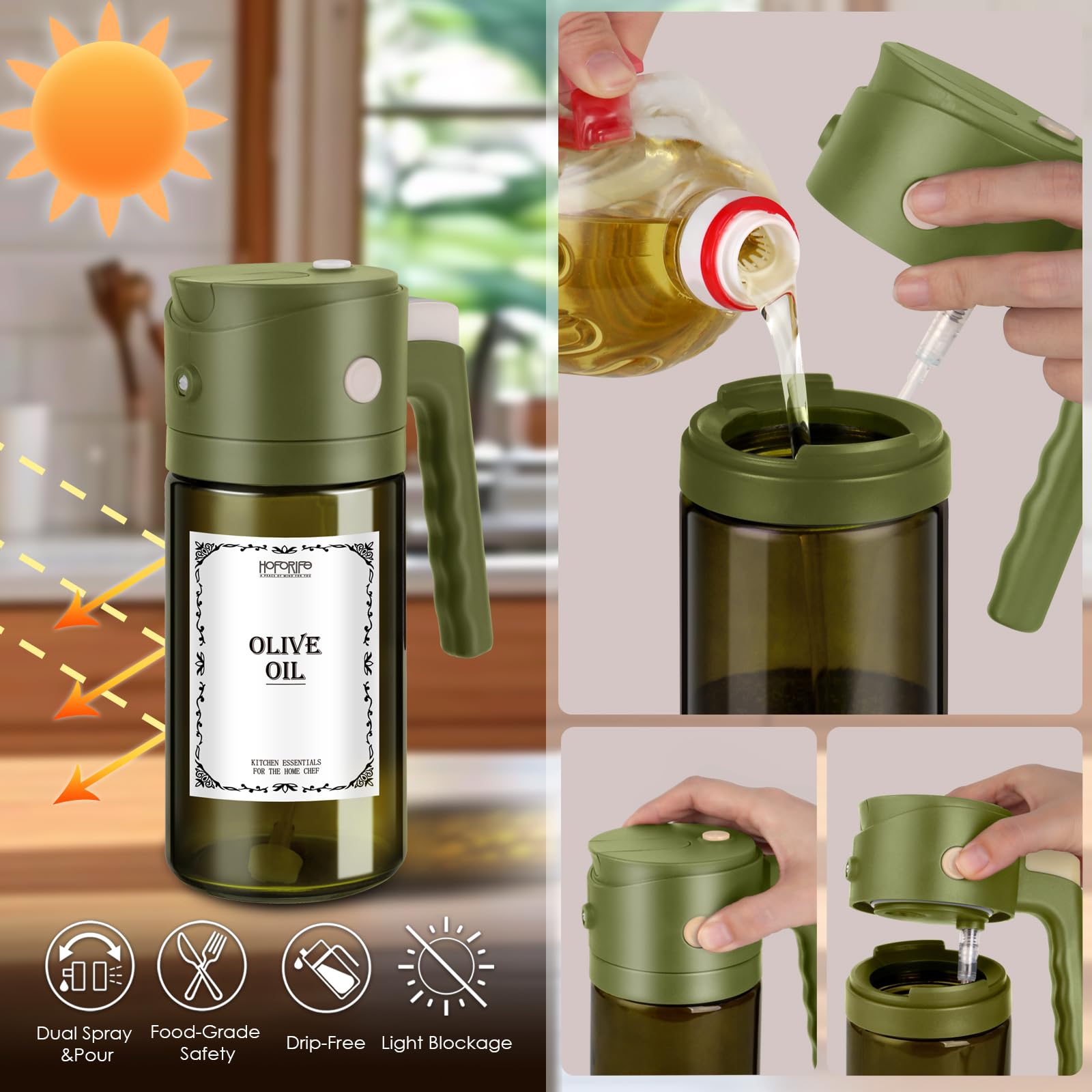 Erogatore Spray Per Olio In Vetro HOMJOY - 220 Ml: Perfetto Per Cucinare, Friggitrice Ad Aria E Griglie. Dosaggio Sano E Preciso! (Nero Trasparente) - 3