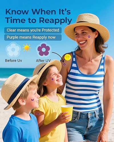 Miniatura 8 de Paquete de 80 calcomanías de detección UV para protector solar de verano  Puntos de protección solar UV calcomanías para niños adultos  Impermeable