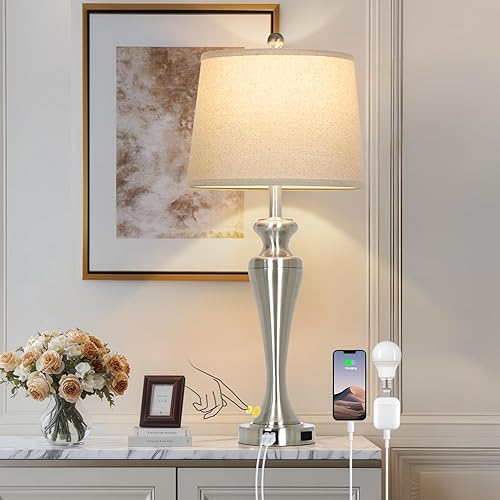 Miniatura 13 de Juego de 2 lámparas de mesa negras de 30 pulgadas, lámpara de sala de estar alta con control táctil con puertos USB A+C y salida de CA, lámparas de