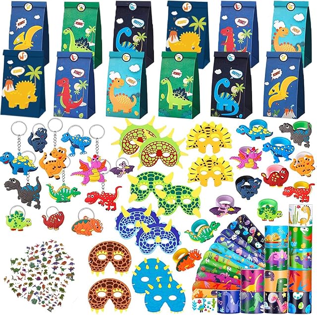 78pcs Dinosaur Party Favours Bag Fillers Toy Kids Decorations For Boys Girls With Snap Bands Masks Bracelets Rings Keychains Stickers Toys Favors Gifts Animal Bags Filler Fidget Birthday Chilrens