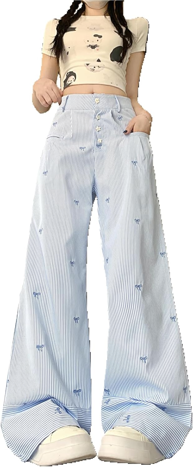 Hewlshawn Women's Pants Bow Embroidery Striped Wide Leg Baggy Casual High Waist Loose Fit Lounge Trouser