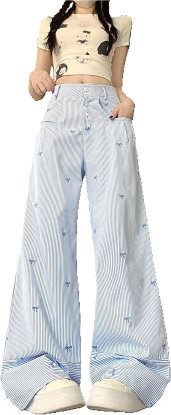 Hewlshawn Women's Pants Bow Embroidery Striped Wide Leg Baggy Casual High Waist Loose Fit Lounge Trouser