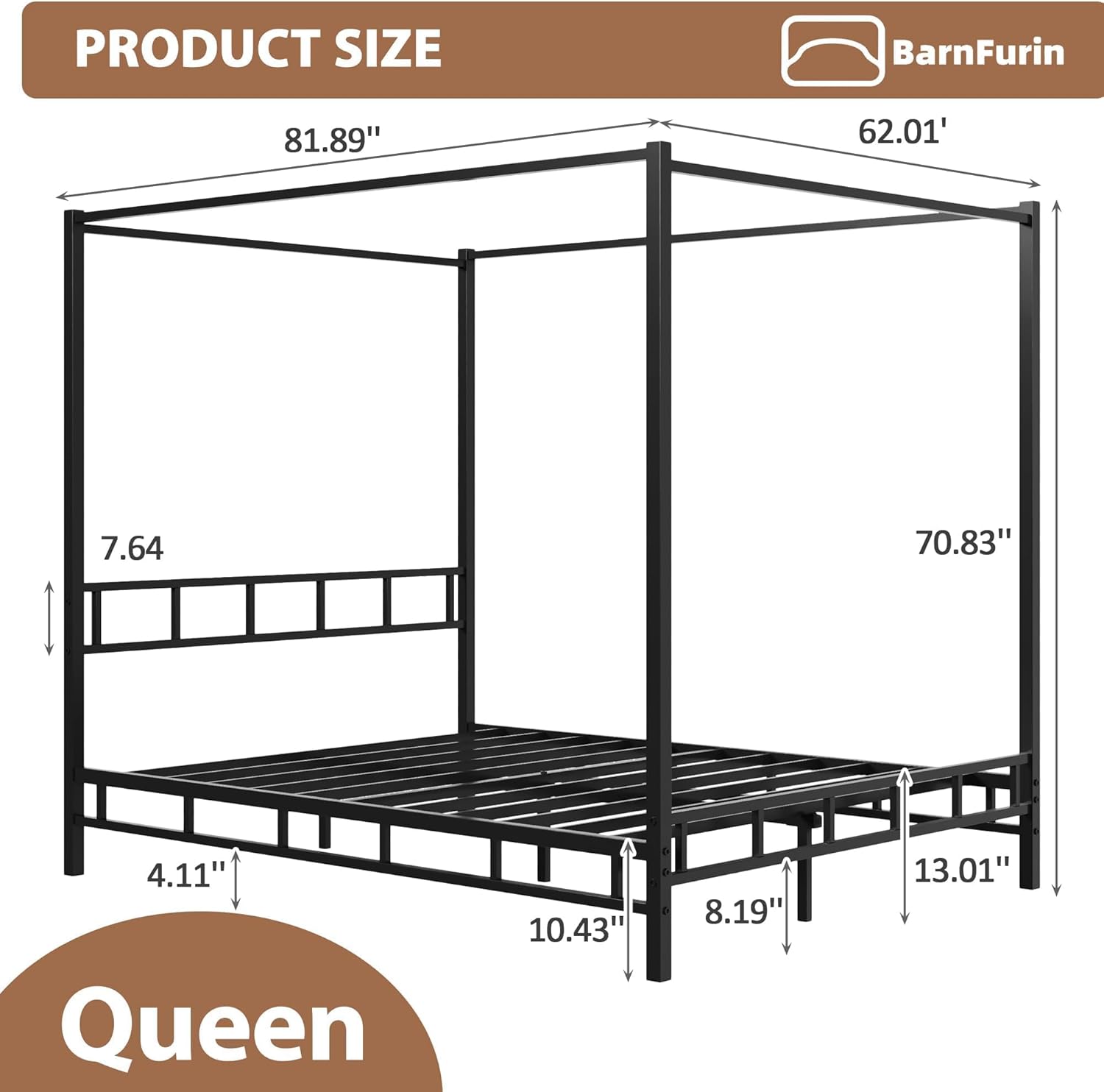 BarnFurin Queen Canopy Bed Frame/Mattress Foundation Platform with Metal Slats Support/Under-Bed Storage Space/No Box Spring Needed/Easy Assembly/Black